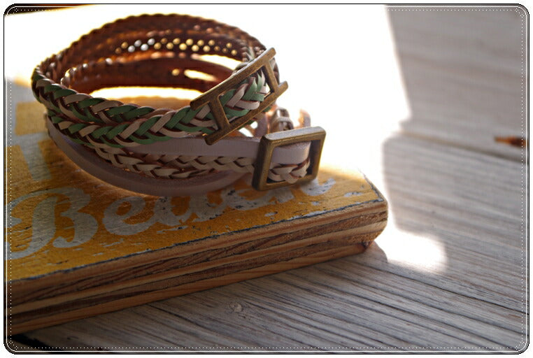 レザーメッシュブレスレット(3色)【本革/マリン/きれいめ/ヴィンテージ/インディアンジュエリー/エスニック】【重ね付け】【数量限定!男女兼用】