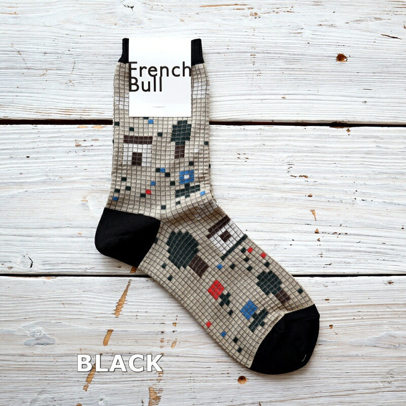 French Bull(フレンチブル)No.11-24128 モザイクソックス(3色)【2024年春夏新作☆数量限定生産!】【モザイク画風 ピクセル ゲーム シルケットの綿糸 家や木の風景 日本製】