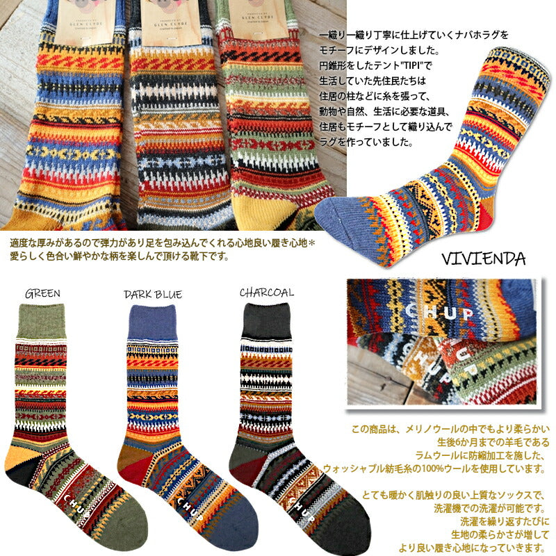 CHUP(チュプ)"VIVIENDA(ヴィヴィエンダ)"ネイティブアメリカン柄ソックス(3色)【数量限定生産】【日本製 MADEIN JAPAN】【再入荷無し ウォッシャブルウール メンズ レディース】