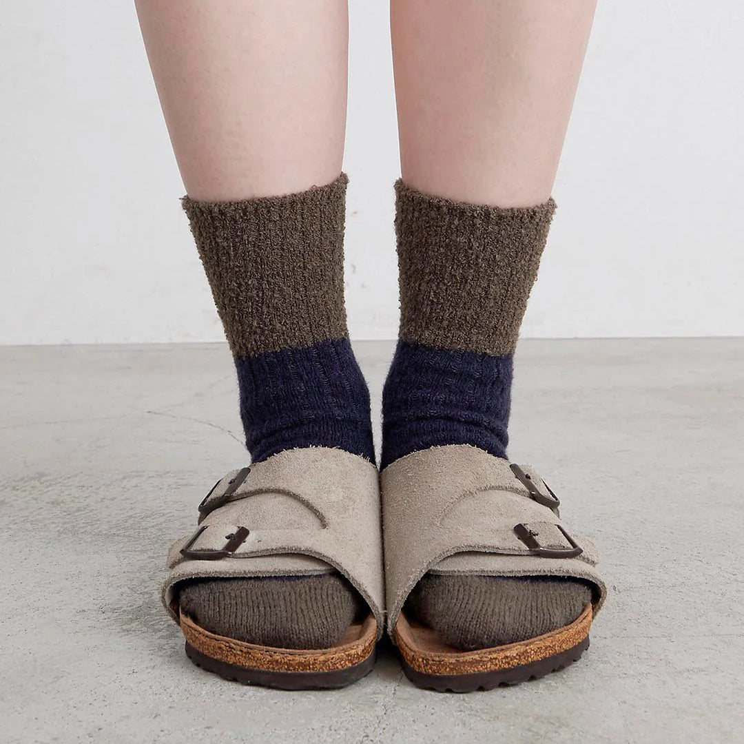 Homie(ホミー/ホーミー)No.H-041 スイッチングカラーソックス(5色)【2025-26年秋冬☆数量限定生産！ブークレー 凸凹 配色 バイカラー リブ編み 柔らかい 日本製 暖か 冷えとり】