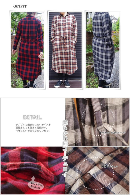 ichi(イチ)チェックワンピース(3色)【前開きワンピース/コーデュロイ/羽織り/コート】【少量入荷】