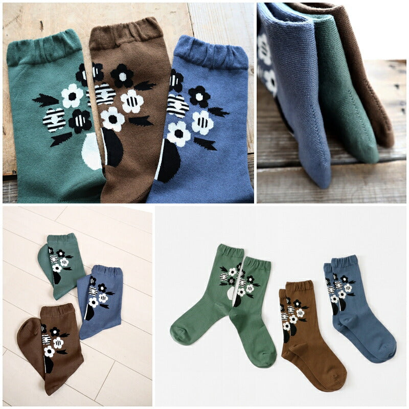 French Bull(フレンチブル)No..11-24263 ブーケソックス(3色)【24-25秋冬 モノトーンのブーケ柄 後ろ側に柄 程よい厚み 柔らかな綿糸 日本製】