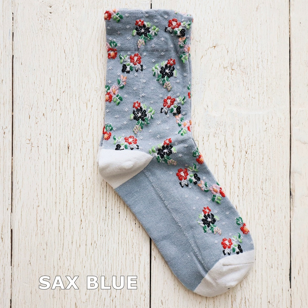 BOUQUET SOCKS ブーケ柄コットンソックス(5色) 【2025-26年秋冬 数量限定 綿 チロリアンテープ 締め付けすぎない 凸凹 立体的 フロッキー ワッフル ジャガード編み 韓国】