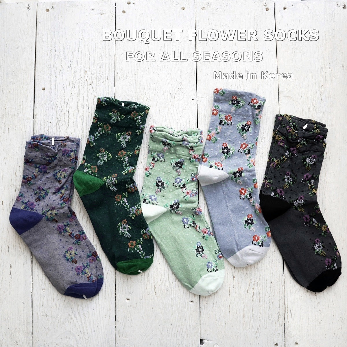 BOUQUET SOCKS ブーケ柄コットンソックス(5色) 【2025-26年秋冬 数量限定 綿 チロリアンテープ 締め付けすぎない 凸凹 立体的 フロッキー ワッフル ジャガード編み 韓国】