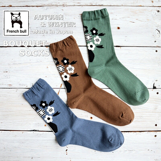 French Bull(フレンチブル)No..11-24263 ブーケソックス(3色)【24-25秋冬 モノトーンのブーケ柄 後ろ側に柄 程よい厚み 柔らかな綿糸 日本製】