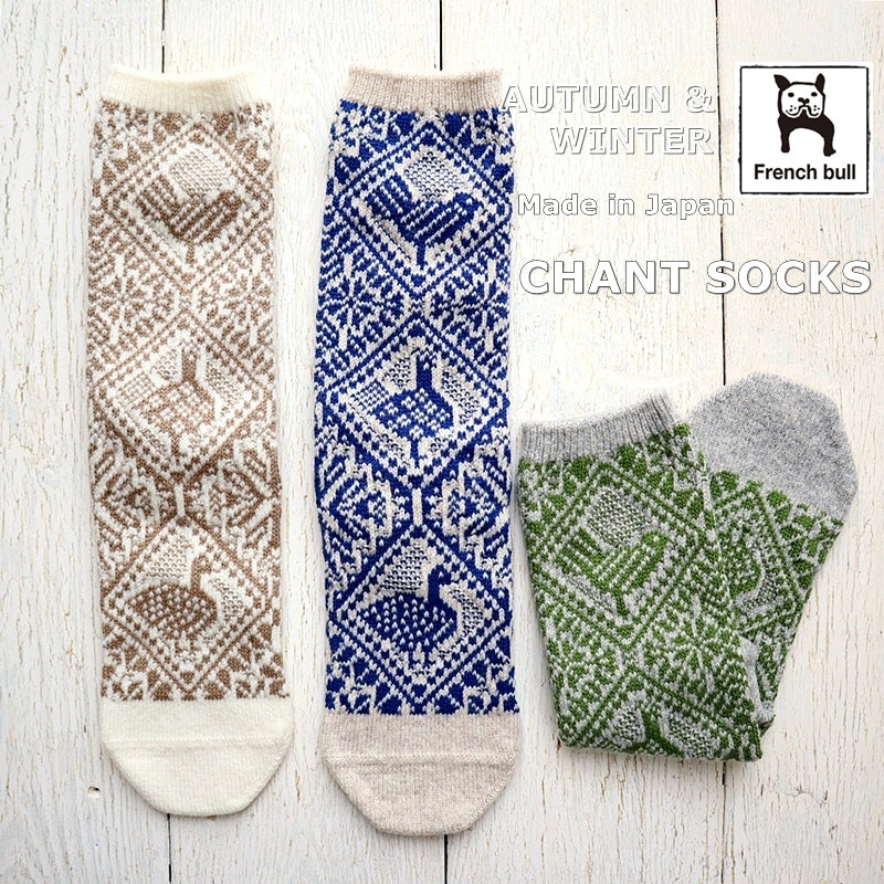 French Bull(フレンチブル)No.11-25266 チャントソックス(3色)【レディース 靴下 日本製 2025-26年秋冬 鳥の柄 ジャガード編み 厚手 防縮ウール コットン 贈り物】