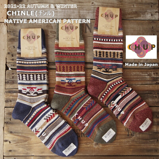 CHUP(チュプ)"CHINLE(チンル)"【数量限定生産】【日本製/MADEIN JAPAN】ネイティブアメリカン柄ソックス(3色)【再入荷無し/コーマ綿/丈夫/オルテガ柄/ナバホ柄/S/M/メンズ/レディース】