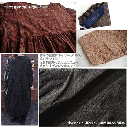 ichi(イチ)コーデュロイ フラワー＆ドット柄ワンピース(2色×2柄)【日本製/綿/ドロップショルダー/辛口テイスト/ロング/マキシ/両サイドポケット】