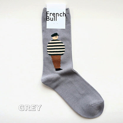 French Bull(フレンチブル)No.11-24251 カップルソックス(3色)【24-25秋冬 女の子と男の子がモチーフ 左右で違う柄 光沢感 シルケットの綿糸 日本製】