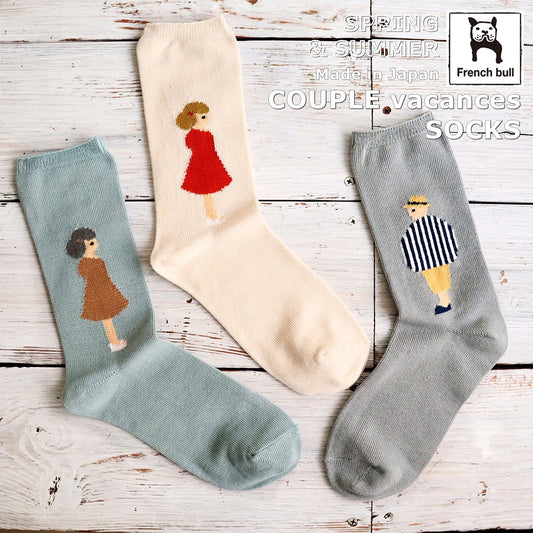 French Bull フレンチブル No.11-26104 カップルソックス vacances(3色) 2026年春夏新作 宴 レディース 靴下 女の子と男の子がモチーフ 左右で違う柄 光沢感 シルケットの綿糸 日本製【追跡メール便送料無料】