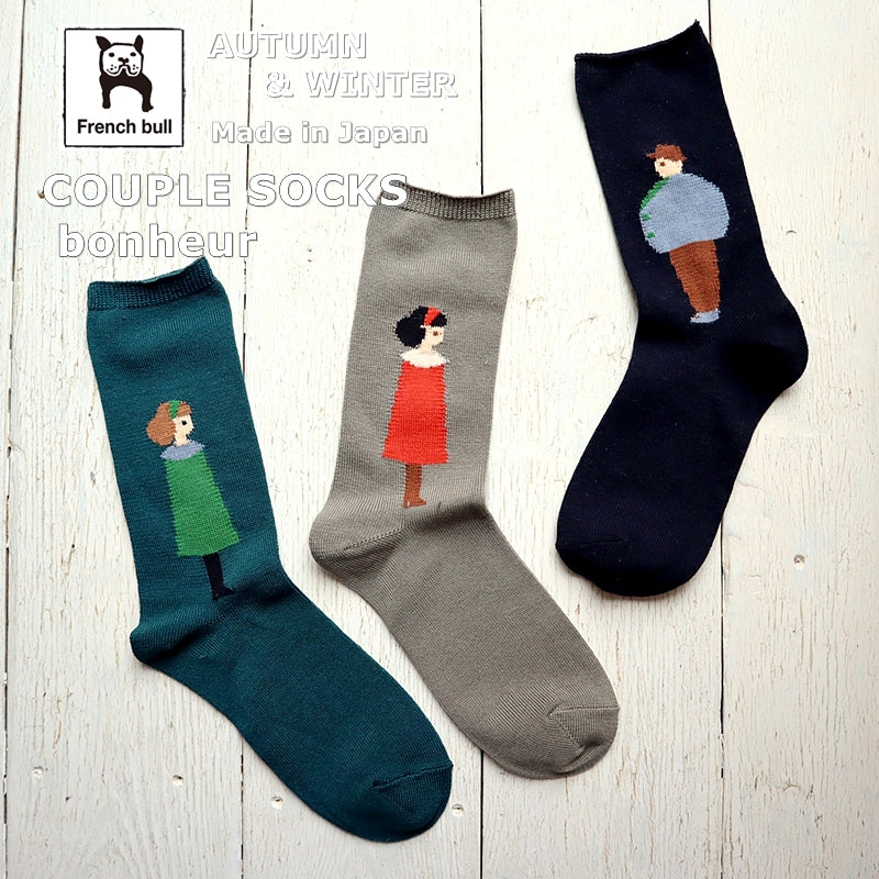 French Bull フレンチブル　No.11-25251　カップルソックス bonheur(3色) 【レディース 靴下 日本製 2025-26年秋冬 女の子男の子モチーフ 左右非対称 光沢感 シルケット綿糸】