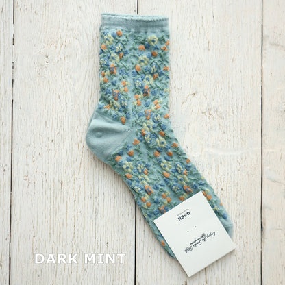 DUSTY FLOWER SOCKS ダスティフラワーコットンソックス(4色) 【2025年春夏 数量限定 綿 ダスティカラー 程良い厚み 凸凹 立体的 フロッキー ワッフル ジャガード編み 韓国】