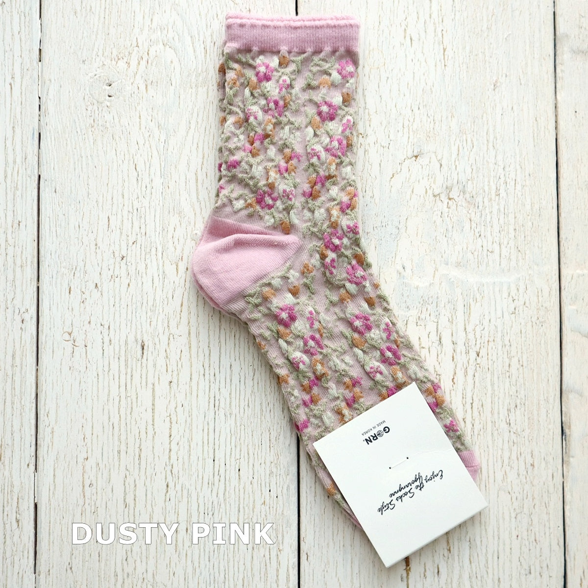 DUSTY FLOWER SOCKS ダスティフラワーコットンソックス(4色) 【2025年春夏 数量限定 綿 ダスティカラー 程良い厚み 凸凹 立体的 フロッキー ワッフル ジャガード編み 韓国】