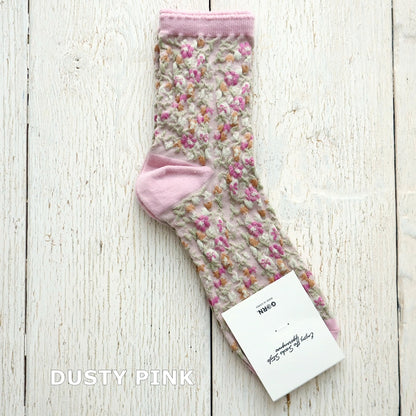 DUSTY FLOWER SOCKS ダスティフラワーコットンソックス(4色) 【2025年春夏 数量限定 綿 ダスティカラー 程良い厚み 凸凹 立体的 フロッキー ワッフル ジャガード編み 韓国】