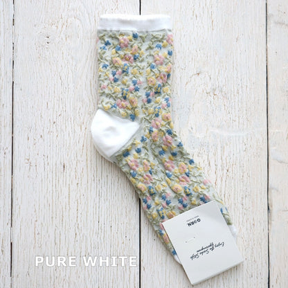 DUSTY FLOWER SOCKS ダスティフラワーコットンソックス(4色) 【2025年春夏 数量限定 綿 ダスティカラー 程良い厚み 凸凹 立体的 フロッキー ワッフル ジャガード編み 韓国】