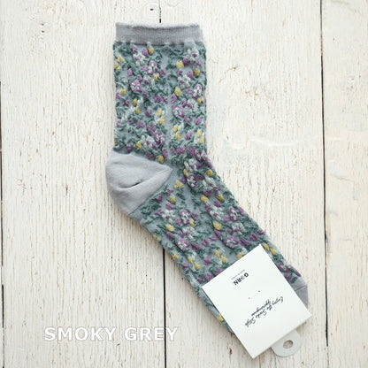 DUSTY FLOWER SOCKS ダスティフラワーコットンソックス(4色) 【2025年春夏 数量限定 綿 ダスティカラー 程良い厚み 凸凹 立体的 フロッキー ワッフル ジャガード編み 韓国】