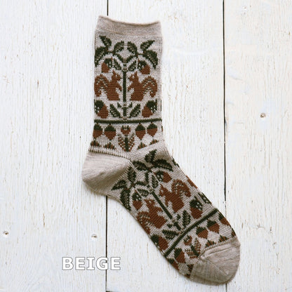 French Bull(フレンチブル)No.11-25259 フォレソックス(3色)【レディース 靴下 日本製 2025-26年秋冬 どんぐりの木とリスの柄 程良い厚み 防縮ウール コットン 贈り物】