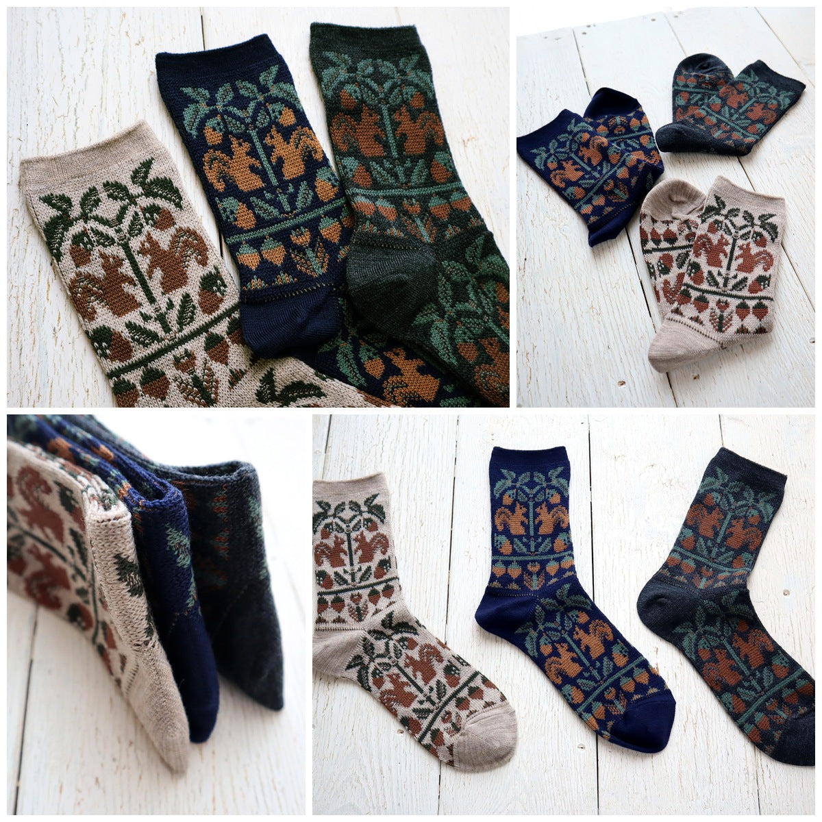 French Bull(フレンチブル)No.11-25259 フォレソックス(3色)【レディース 靴下 日本製 2025-26年秋冬 どんぐりの木とリスの柄 程良い厚み 防縮ウール コットン 贈り物】