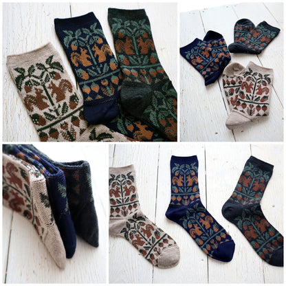 French Bull(フレンチブル)No.11-25259 フォレソックス(3色)【レディース 靴下 日本製 2025-26年秋冬 どんぐりの木とリスの柄 程良い厚み 防縮ウール コットン 贈り物】