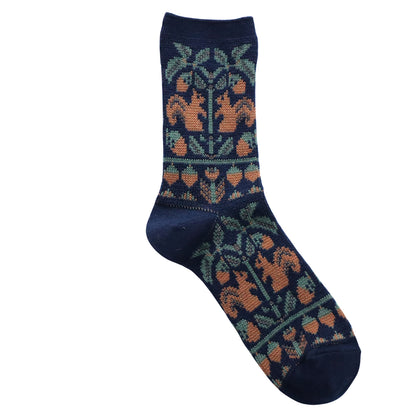 French Bull(フレンチブル)No.11-25259 フォレソックス(3色)【レディース 靴下 日本製 2025-26年秋冬 どんぐりの木とリスの柄 程良い厚み 防縮ウール コットン 贈り物】