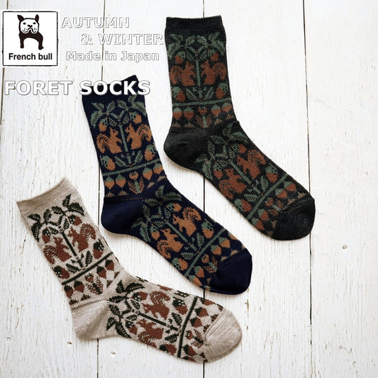 French Bull(フレンチブル)No.11-25259 フォレソックス(3色)【レディース 靴下 日本製 2025-26年秋冬 どんぐりの木とリスの柄 程良い厚み 防縮ウール コットン 贈り物】