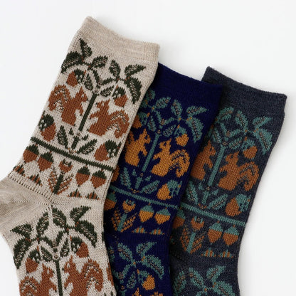 French Bull(フレンチブル)No.11-25259 フォレソックス(3色)【レディース 靴下 日本製 2025-26年秋冬 どんぐりの木とリスの柄 程良い厚み 防縮ウール コットン 贈り物】