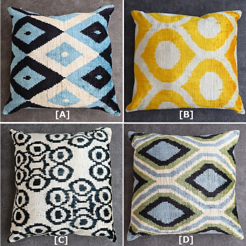 IKAT(イカット)シルクベルベット クッションカバー(11柄)【1点物 クッションケース インテリア雑貨 トライバル ナバホ柄 ネイティブ柄】【絹シルク 裏側は麻素材 手作りHAND MADE】