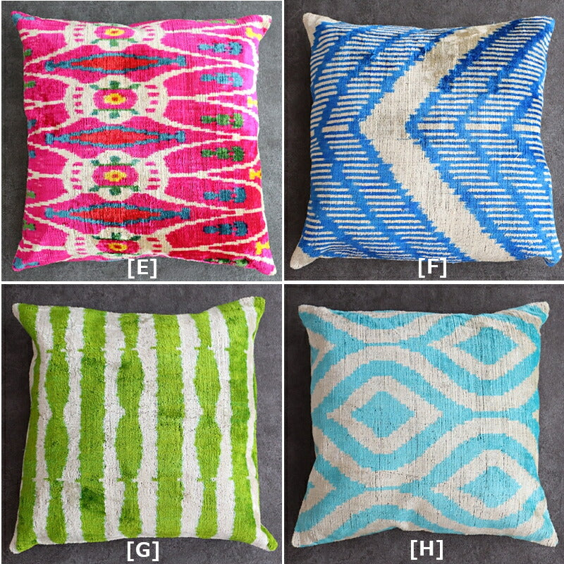 IKAT(イカット)シルクベルベット クッションカバー(11柄)【1点物 クッションケース インテリア雑貨 トライバル ナバホ柄 ネイティブ柄】【絹シルク 裏側は麻素材 手作りHAND MADE】