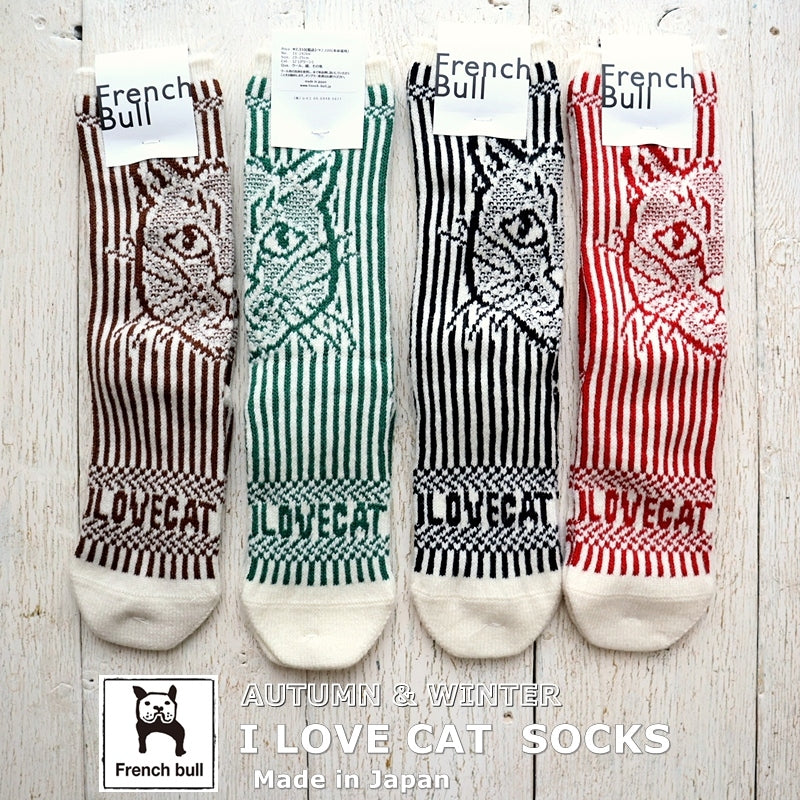 French Bull(フレンチブル)No.11-24266 アイラブキャットソックス(4色)【レディース 靴下 25-26年秋冬 ネコへの愛情を表現 ジャガード編み 柔らかいウール 厚手 贈り物に 防縮ウール 日本製】