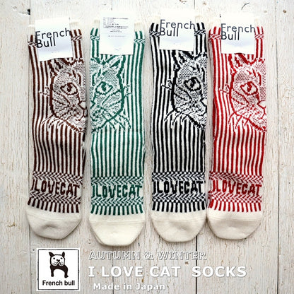 French Bull(フレンチブル)No.11-24266 アイラブキャットソックス(4色)【レディース 靴下 25-26年秋冬 ネコへの愛情を表現 ジャガード編み 柔らかいウール 厚手 贈り物に 防縮ウール 日本製】