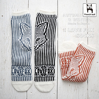 French Bull(フレンチブル)No.11-25265 アイラブフォックスソックス(3色)【レディース 靴下 25-26年秋冬 キツネ柄 ジャガード編み 柔らかいウール 厚手 冬の贈り物にも 防縮ウール使用 日本製】