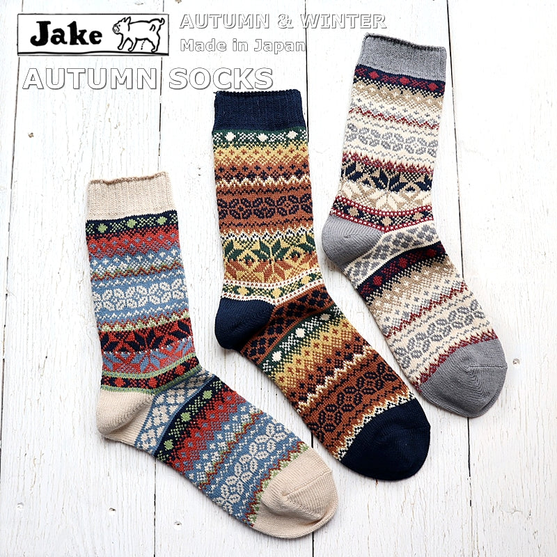 Jake(ジェイク)【Men's メンズ レディース大きめ】French Bull フレンチブル No.21-25251 Mens オータムソックス(3色)【メンズ 靴下 日本製 2025-26年秋冬 ノルディック柄 雪の結晶 厚手】
