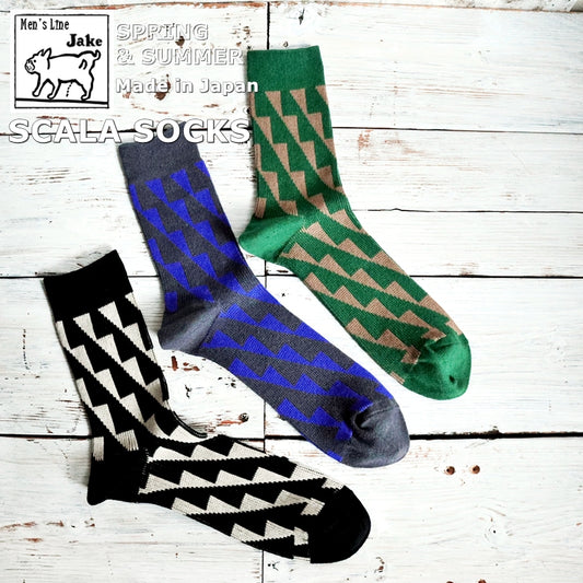 Jake ジェイク French Bull フレンチブル No.21-26101 スカーラソックス(3色) Mens 2026年春夏新作 宴 メンズ レディース大きめ 靴下 幾何学柄 ジャガード編み シルケットの綿糸 日本製【追跡メール便送料無料】