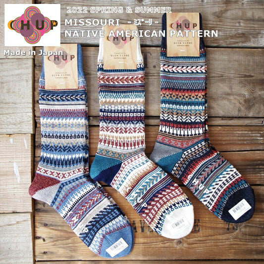 CHUP(チュプ)"MISSOURI(ミズーリ)"ネイティブアメリカン柄ソックス(3色)【数量限定生産】【日本製 MADEIN JAPAN】【再入荷無し コーマ綿 丈夫 ナバホ柄 S M メンズ レディース】