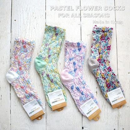PASTEL FLOWER SOCKS パステルフラワーコットンソックス(4色) 【2025年春夏 数量限定 綿 パステルカラー 程良い厚み 凸凹 立体的 フロッキー ワッフル ジャガード編み 韓国】