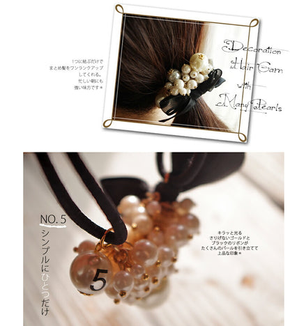 【数量限定】海外買い付け☆ブラックリボンとパールいっぱいのヘアゴム(ヘアアクセサリー)【ゴージャス/パーティ/大人かわいい/ブレスレット】