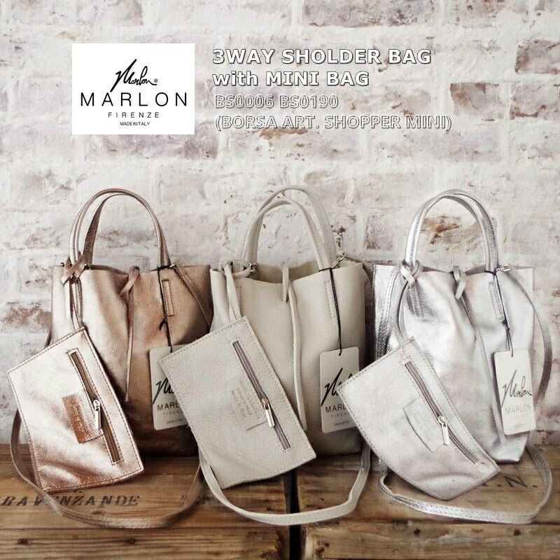 MARLON FIRENZE(マーロンフィレンツェ)【送料無料】【MADE IN ITALY】BS0006-0190(BORSA ART. SHOPPER MINI)ポーチ付き3WAYショルダーミニトートバッグ(3色)【牛革/レザー】【追跡可能メール便配送可能】