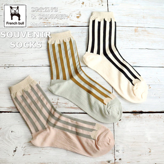French Bull フレンチブル No.11-26113 スヴニールソックス(3色) 2026年春夏新作 宴 レディース 靴下 ストライプ柄 ゴールドラメ糸ワンポイント 最高級エジプト綿糸 日本製【追跡メール便送料無料】