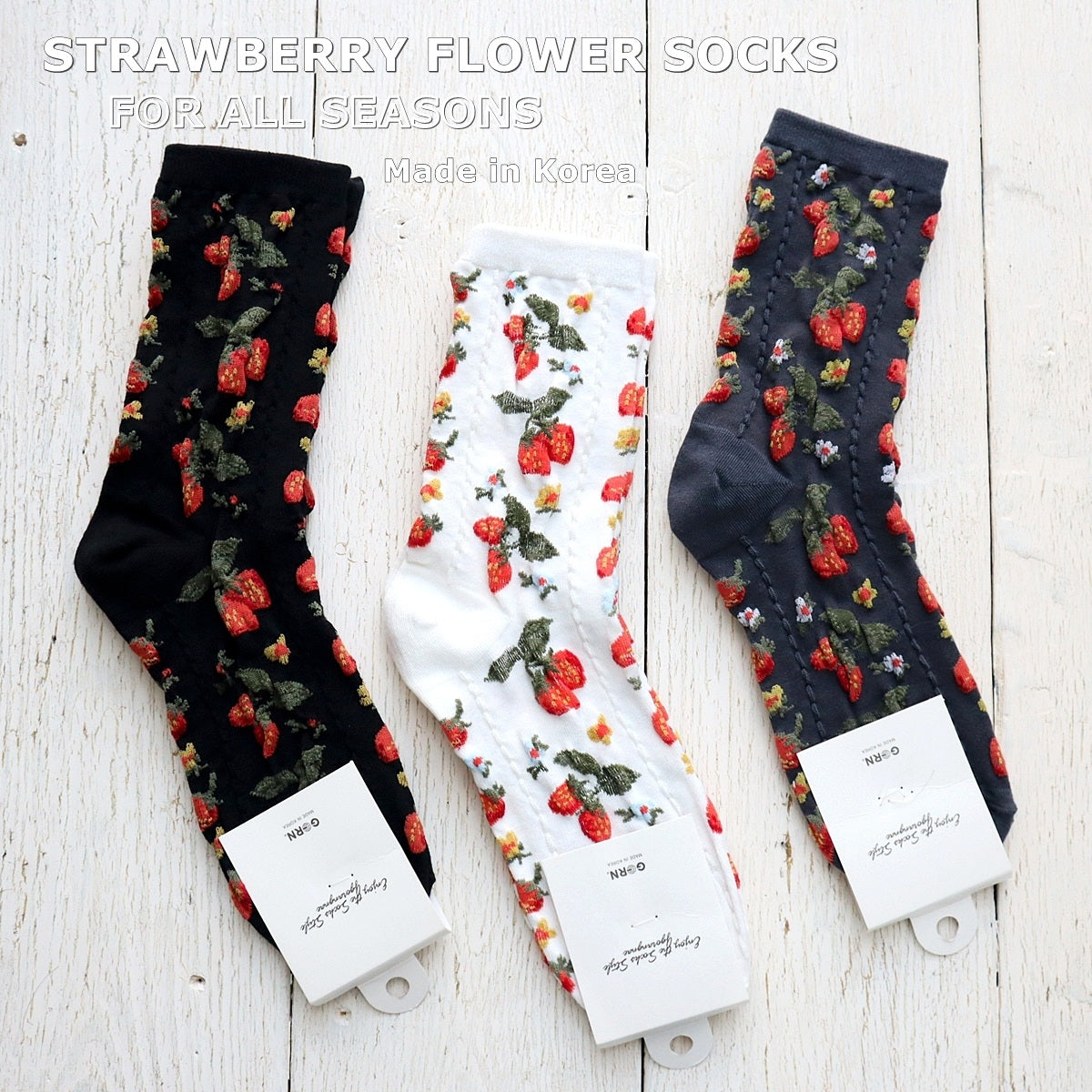 STRAWBERRY SOCKS ストロベリー柄コットンソックス(3色) 【2025年春夏 数量限定 綿 イチゴ柄 程良い厚み 凸凹 立体的 フロッキー ワッフル ジャガード編み 韓国】
