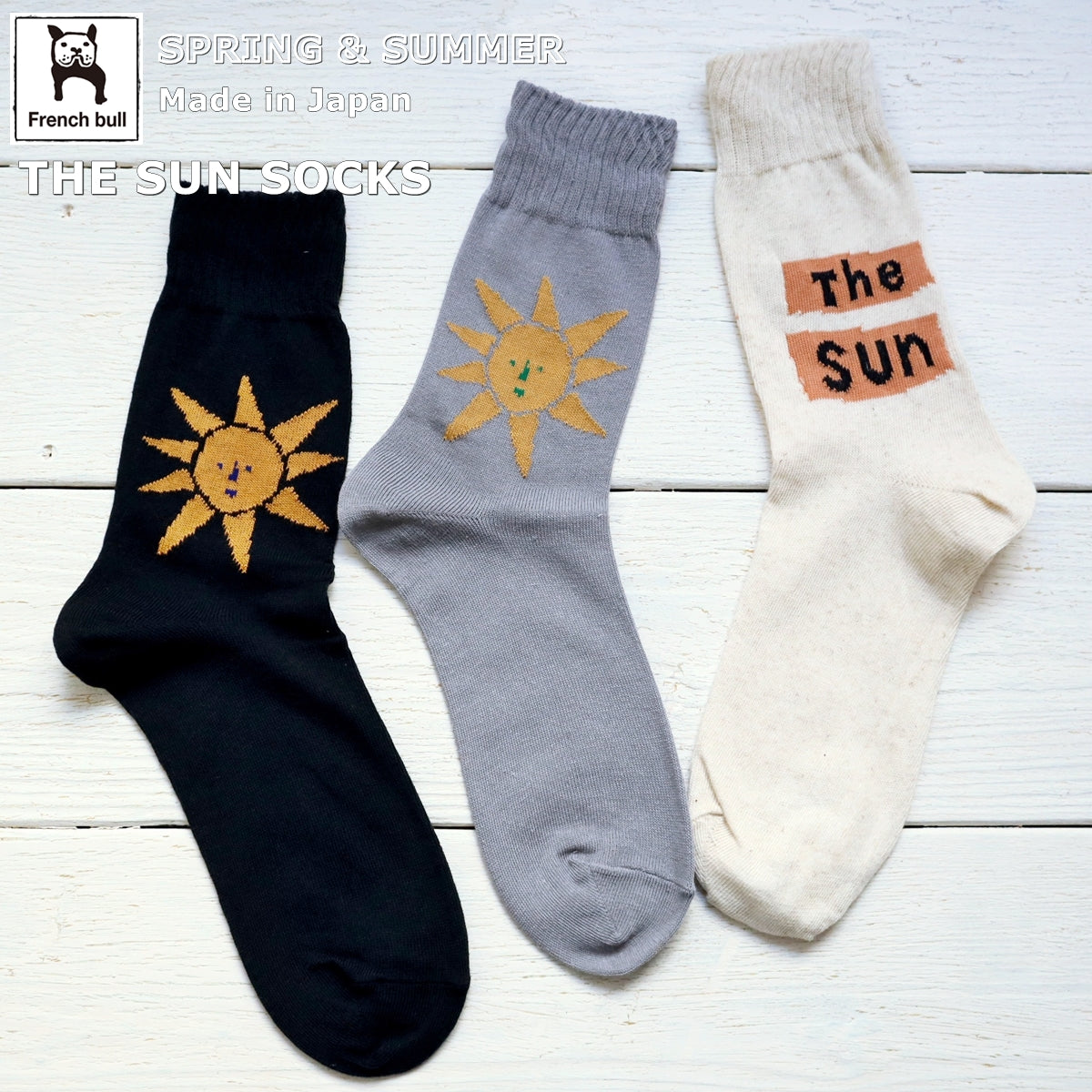 French Bull フレンチブル No.11-25115 ザ・サンソックス(3色)【2025年春夏 左右で柄違い 太陽柄 The Sunロゴ 綿麻糸 程良い厚み ジャガード編み ナチュラルな風合い 日本製】