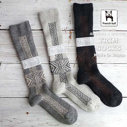 French Bull(フレンチブル)No.11-16212 トリムソックス(3色) 【刺繍が施されたリボンをイメージ 長めの丈感 北欧モチーフ 防縮ウール使用 冷えとり】