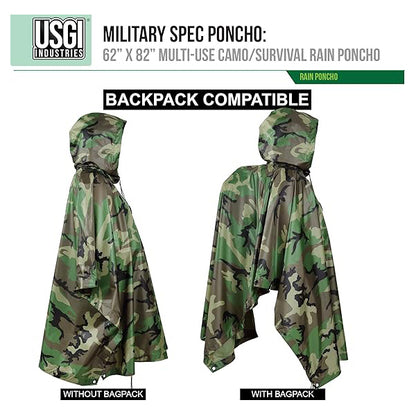 USGI Industries ミリタリースタイル サバイバル レインポンチョ マルチユース リップストップ Military Style Survival Rain Poncho 迷彩 カモフラージュ レインウェア 合羽 防災グッズ