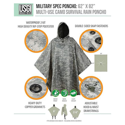 USGI Industries ミリタリースタイル サバイバル レインポンチョ マルチユース リップストップ Military Style Survival Rain Poncho 迷彩 カモフラージュ レインウェア 合羽 防災グッズ